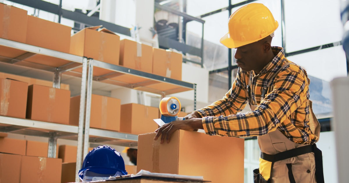 A man wearing a yellow hard hat works in a warehouse, packing boxes and organizing products near shelves.